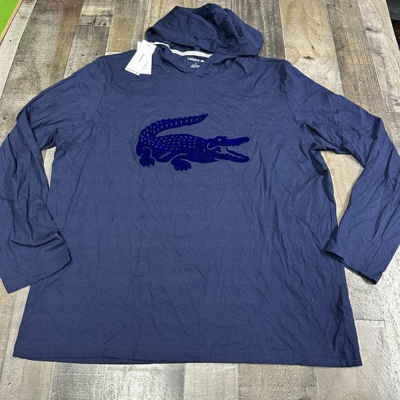 Lacoste Hoodie Mens 2XL Sleepwear Embossed Croc Logo Navy Blue Pullover Lounge - Picture 1 of 14